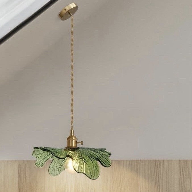 NEW Anthro Vintage Green Glass Hanging Retro Gold Floral Pendant Light Fixture