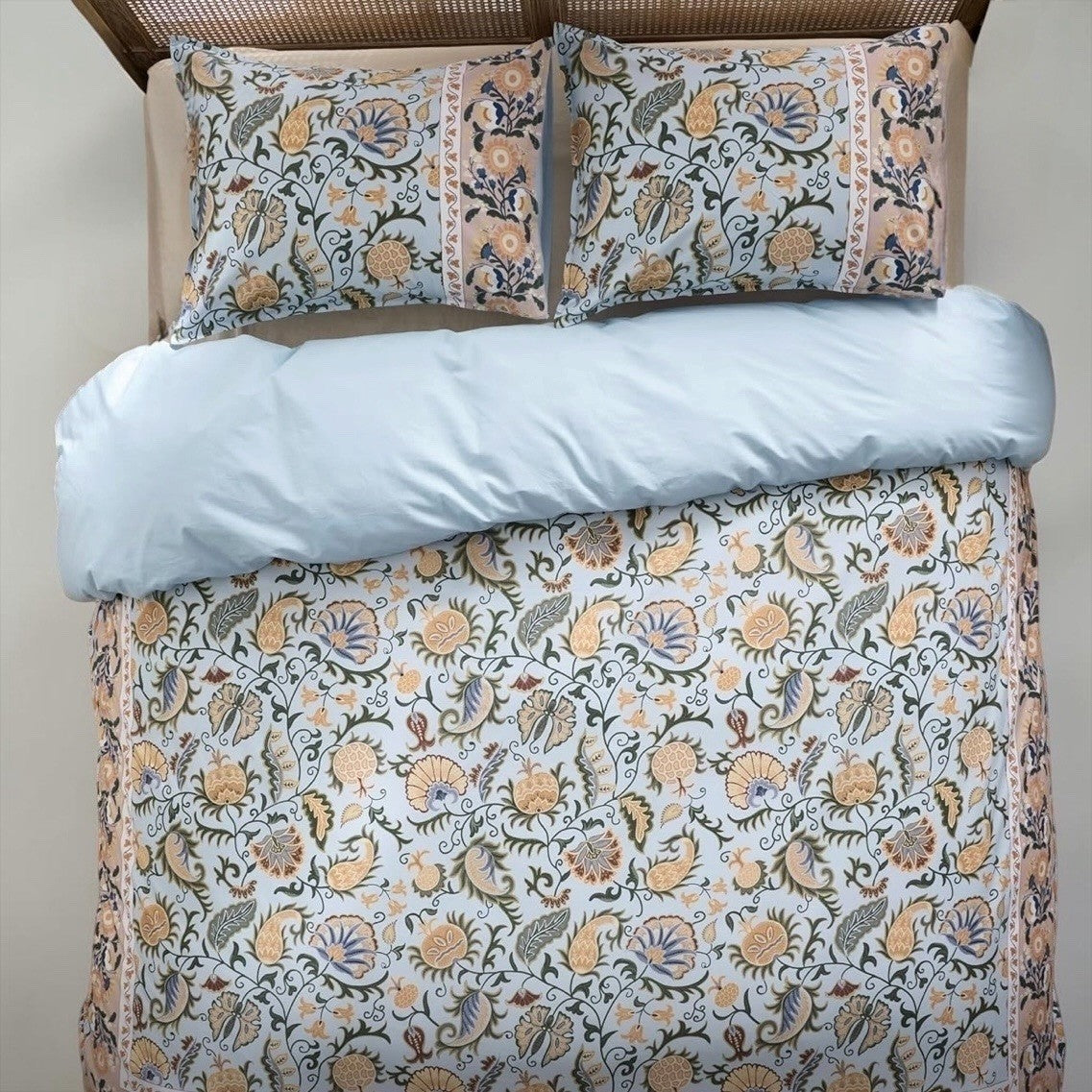 NEW Anthropologie Blue Floral Boho Cotton Queen / King Bedding Duvet & Sham Set
