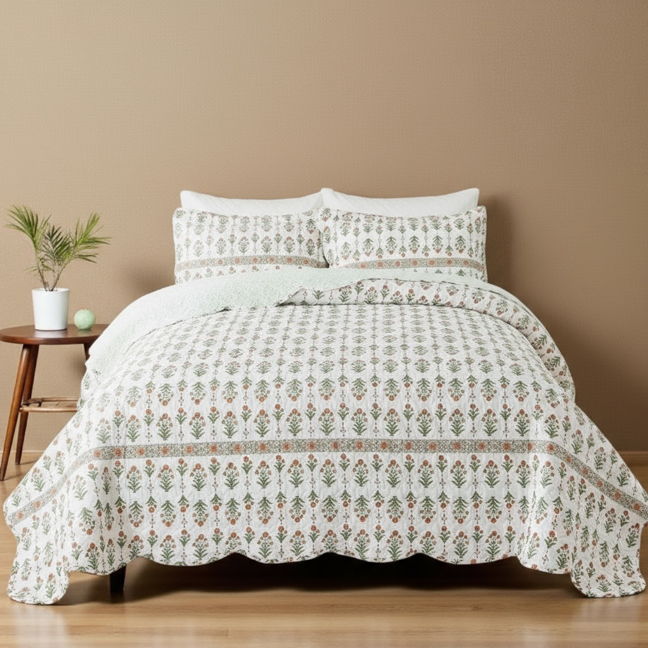 NEW Anthro Coral & White Floral Pattern Queen / King Bedding Quilt & Sham Set