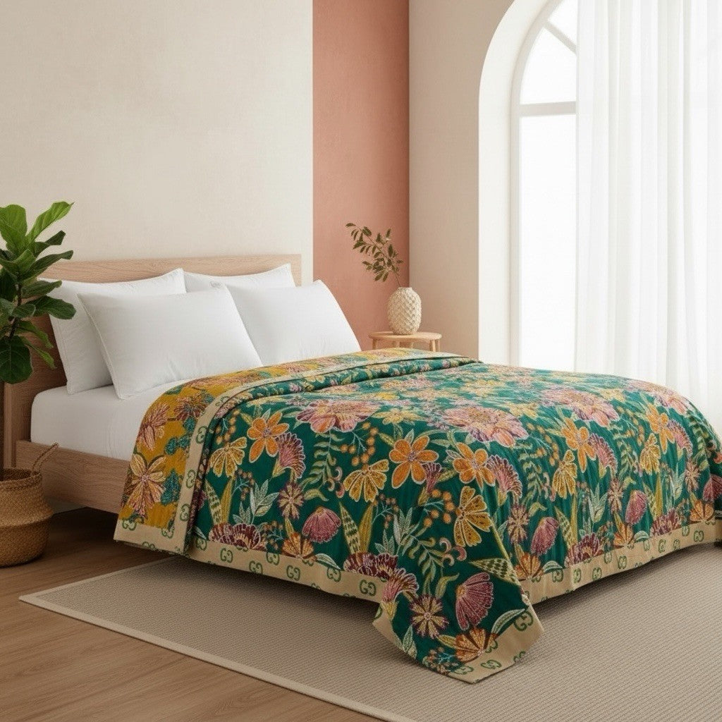 NEW Anthro Boho Teal Floral Reversible Queen Blanket Bedspread Quilt 80" x 90"