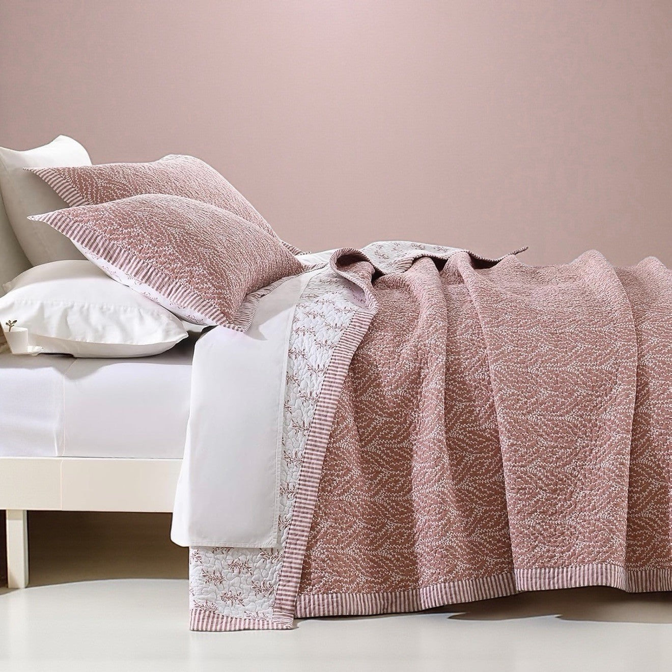 NEW West Elm Blush Botanical Pattern Cotton Queen King Bedding Quilt & Sham Set