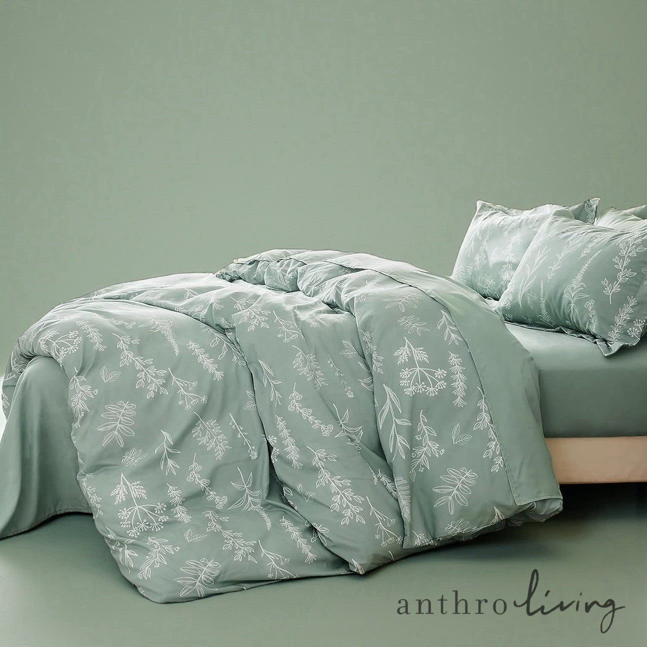 NEW Anthro Sage Green Botanical Print Boho Queen /King Bedding Duvet Sham Set