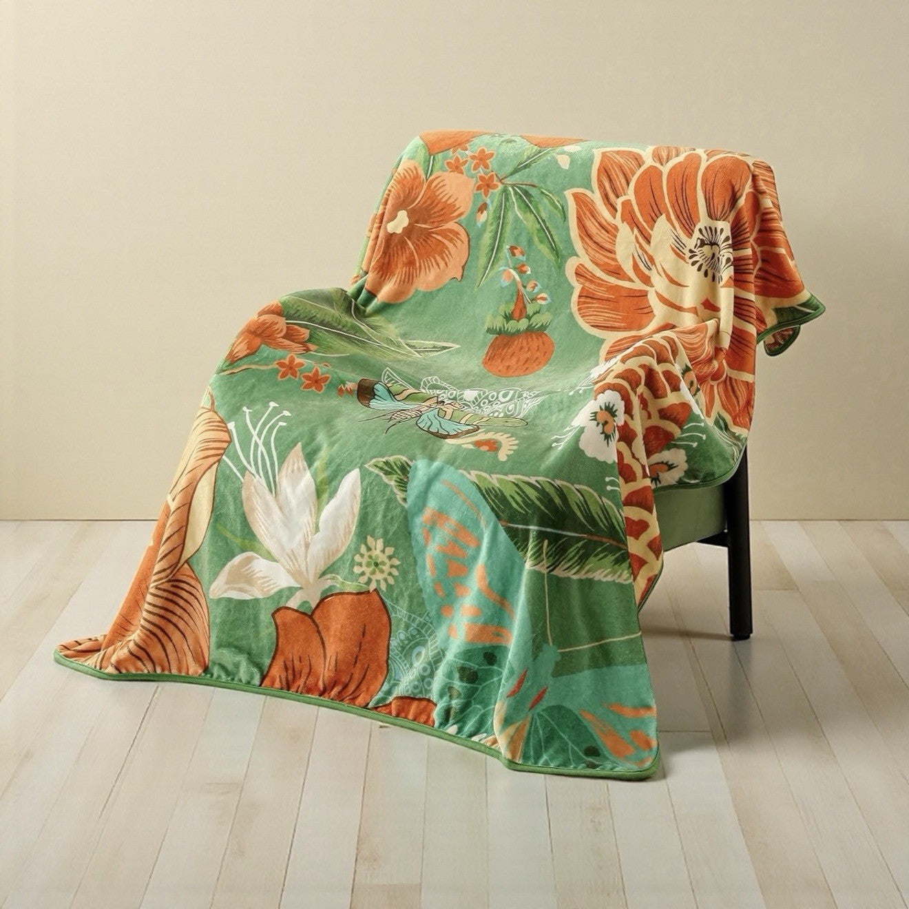 NEW Anthropologie XL Queen Size Boho Green Floral Fleece Blanket Bedspread 90x90