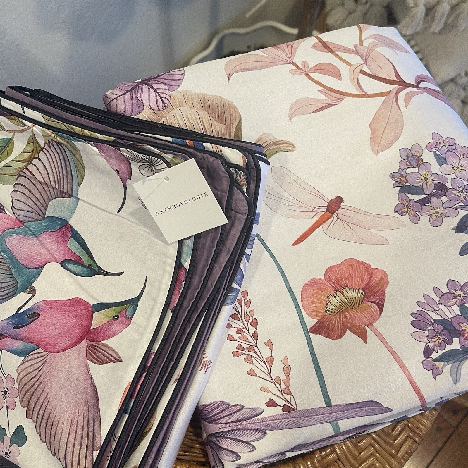 NEW Anthro Purple Floral Bird Boho Cotton Queen / King Bedding Duvet & Sham Set