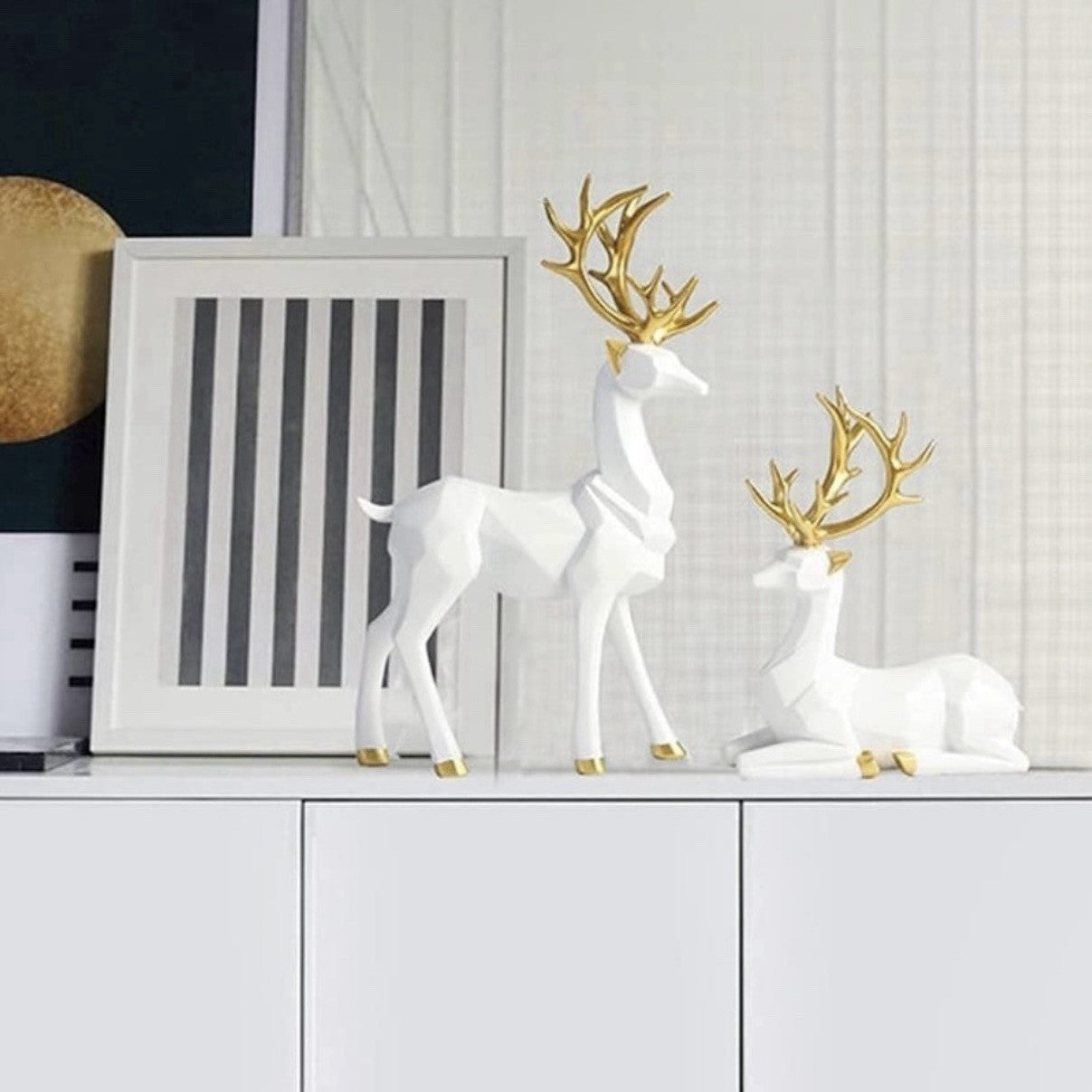 NEW West Elm Boho Geometric Gold Resin Holiday Christmas Reindeer Figures Set 2