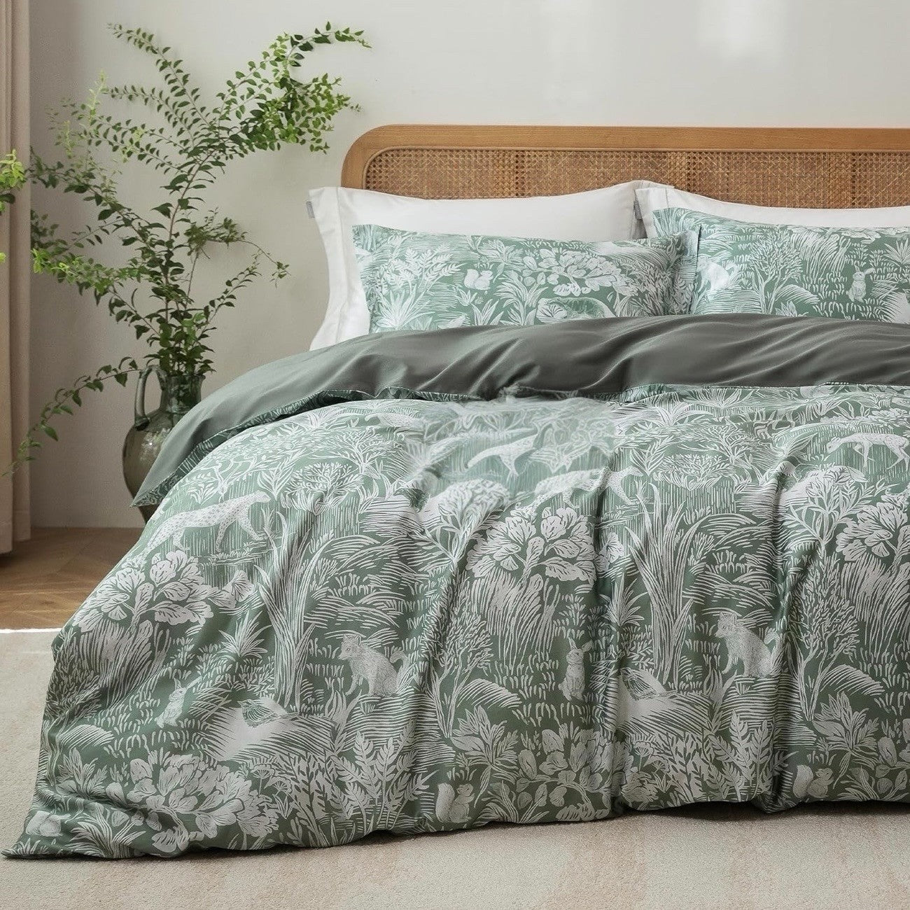 NEW Anthro Green Floral Botanical Full Queen King Cotton Bedding Duvet Sham Set