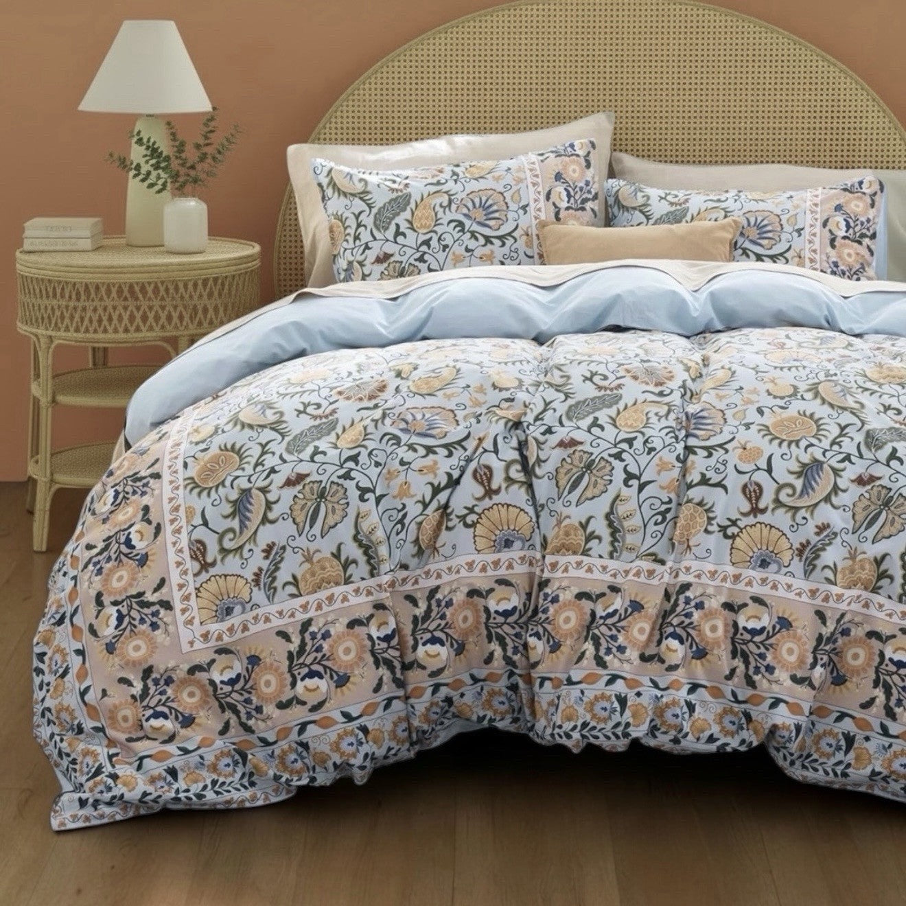 NEW Anthropologie Blue Floral Boho Cotton Queen / King Bedding Duvet & Sham Set