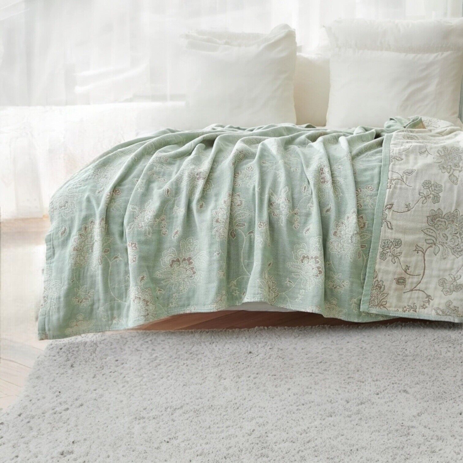 NEW Anthro Boho Floral Muslin Green Reversible Throw Blanket - 90" x 80"
