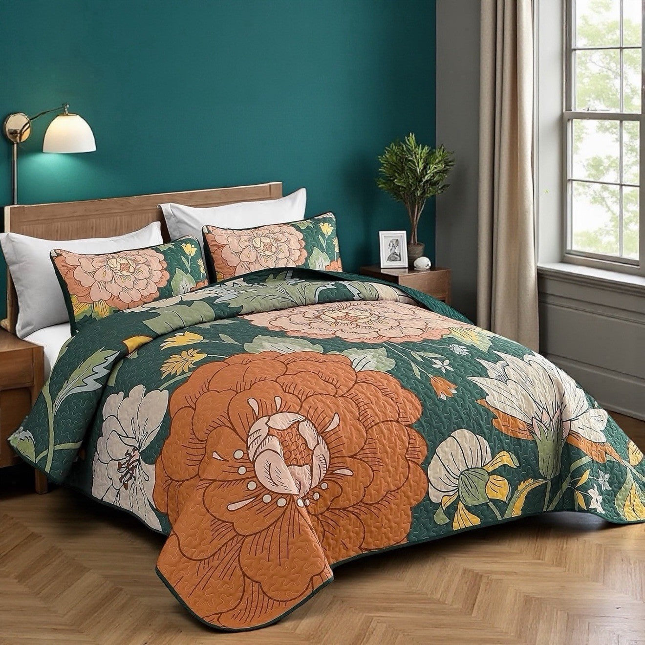 NEW Anthro Large Floral Print Multicolor Boho Queen King Bedding Quilt Sham Set