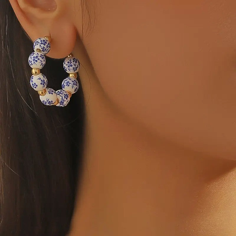 NEW Anthropologie Blue Ceramic & Gold Plated Boho Beaded Hoop Earrings Jewelry