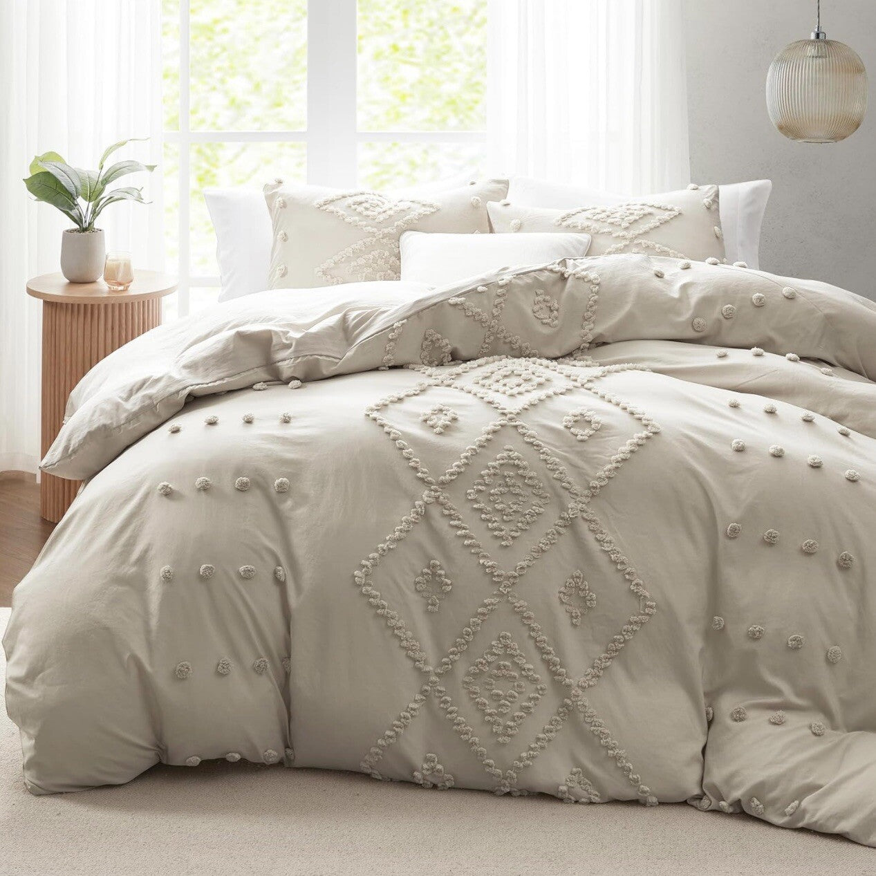 NEW Cream Boho King Size Retro Fringe Tassel Bedding Duvet Blanket & Sham Set