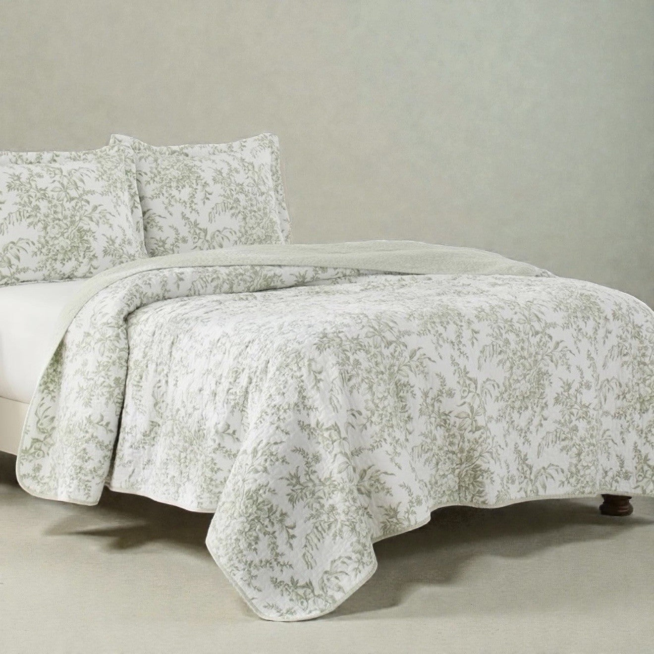 NEW West Elm Green White Floral Retro Cotton Queen King Bedding Quilt & Sham Set