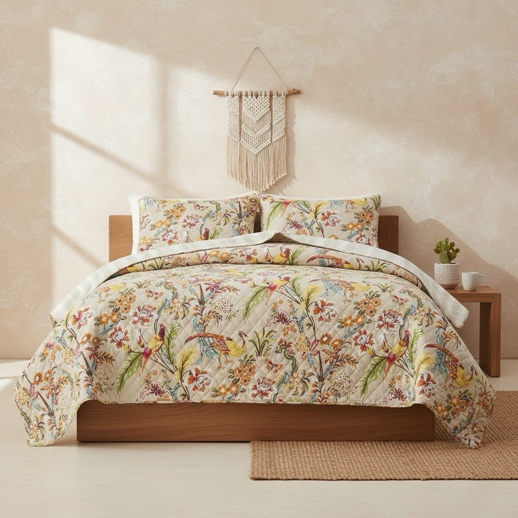 NEW Anthropologie Queen / King Cotton Boho Bird Quilt Bedspread Bedding Sham Set