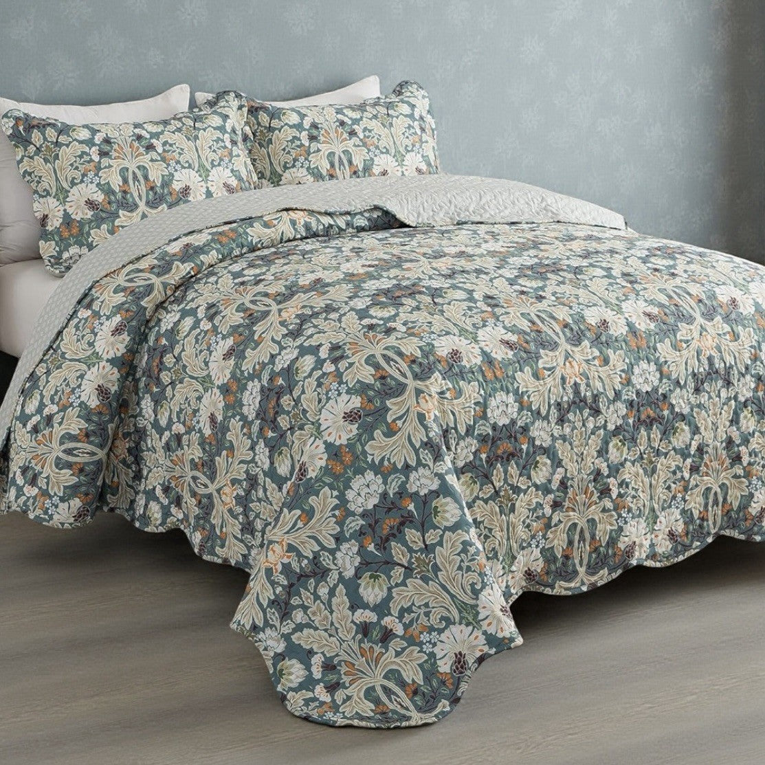 NEW Anthro Teal Floral Reversible Paisley Queen / King Bedding Quilt & Sham Set