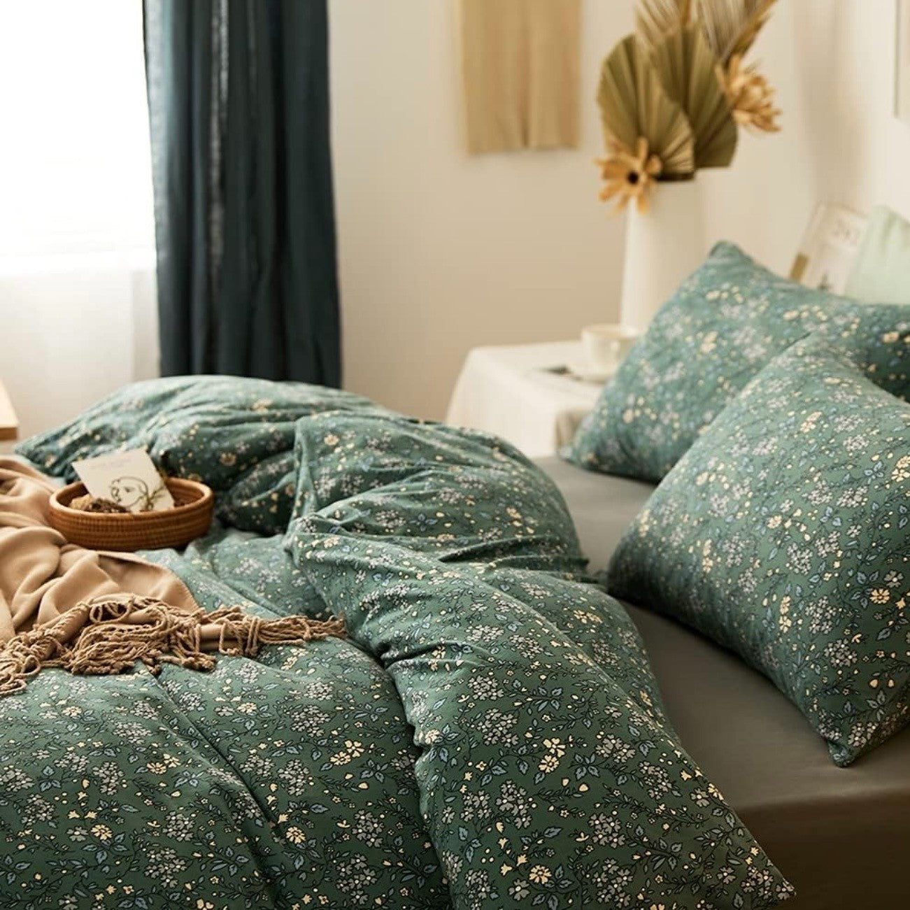 NEW Anthro Green Vintage Style Cotton Queen King Cotton Bedding Duvet & Sham Set