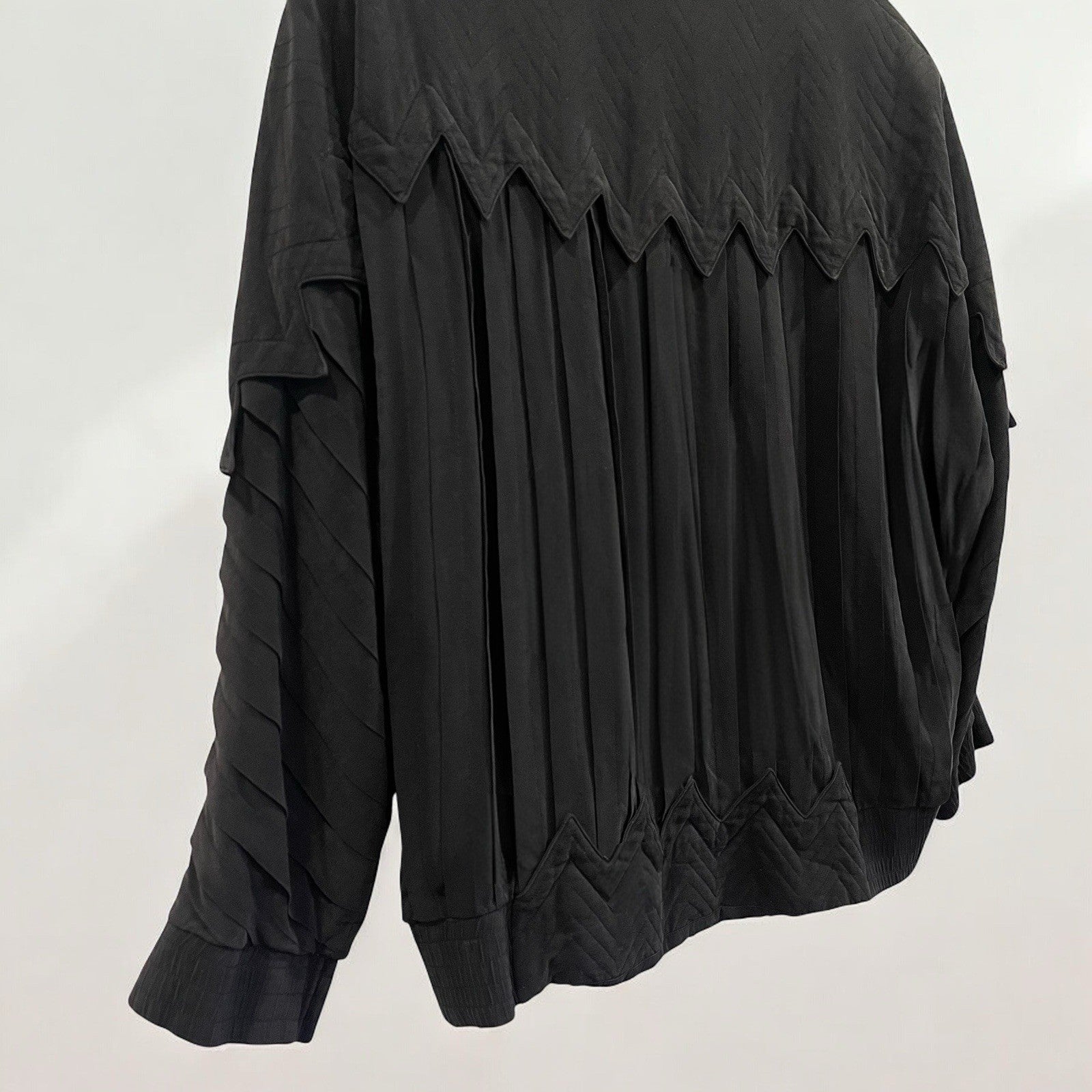 Vintage Black Perlita Pleated Silk Triangle Embroidered Bomber Jacket Coat Large