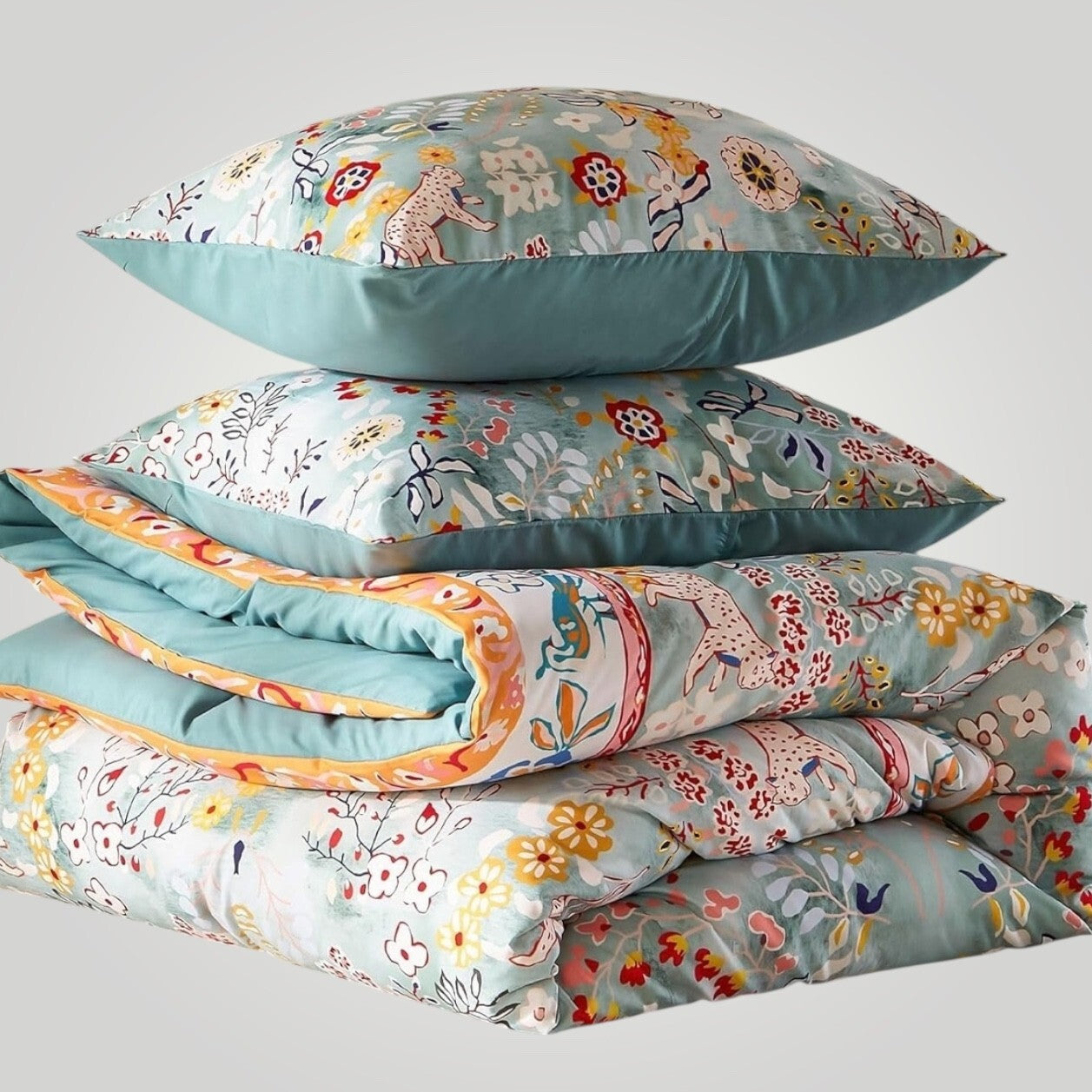 NEW Anthro Blue Jungle Multicolor Boho Queen / King Bedding Duvet & Sham Case