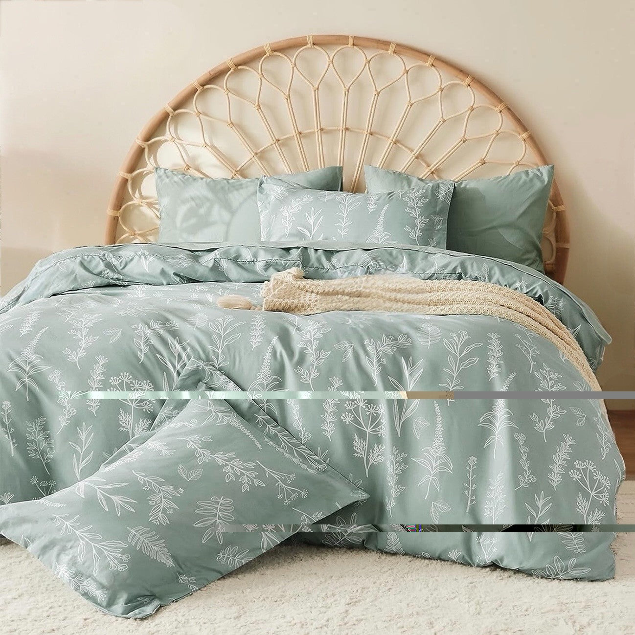 NEW Anthro Sage Green Botanical Print Boho Queen /King Bedding Duvet Sham Set
