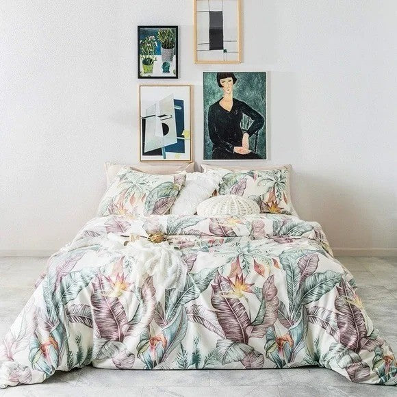 NEW Anthro White Floral Botanical Boho Cotton Queen King Bedding Duvet Sham Set