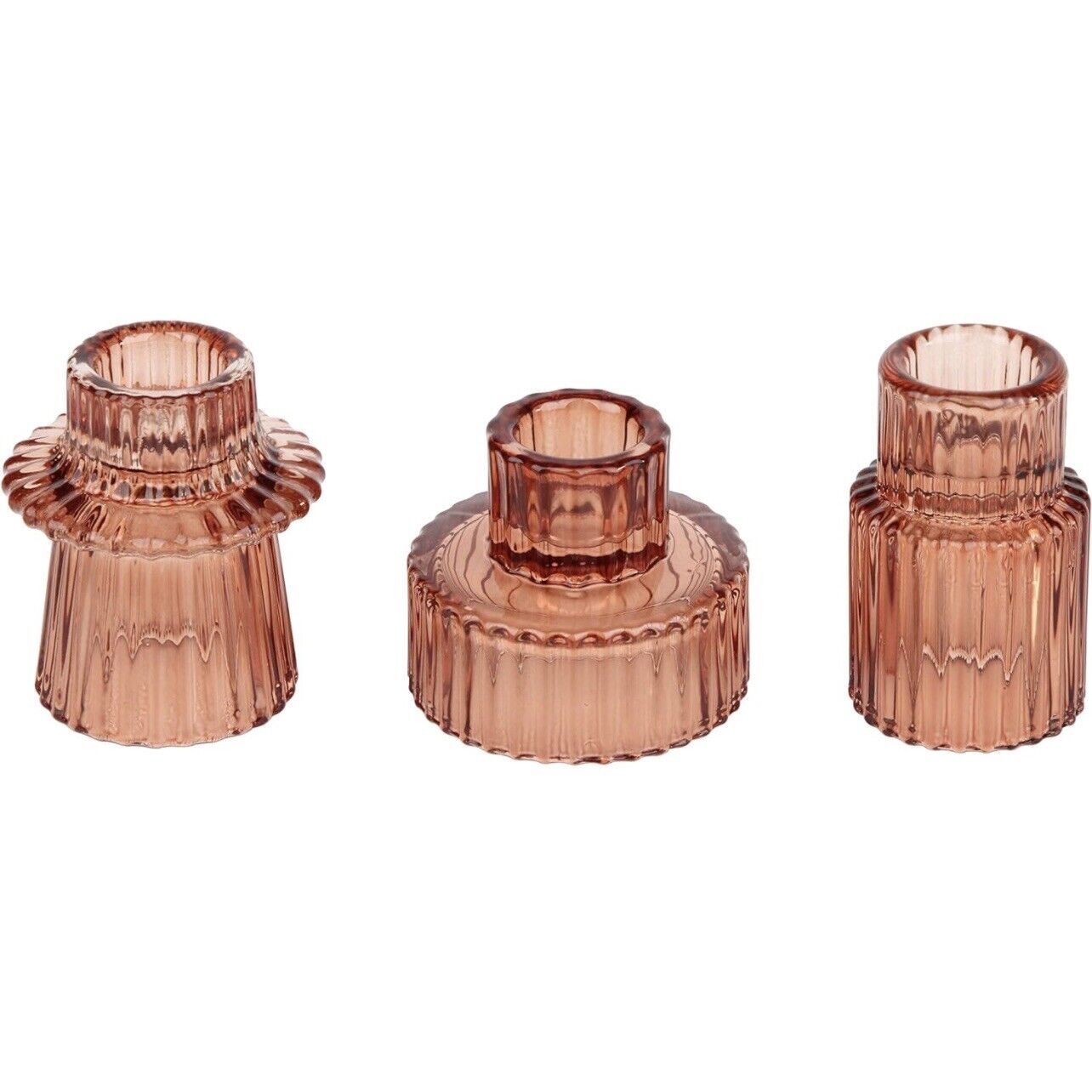 NEW Anthropologie (Set of 3) Boho Pink Glass Tapered Pillar Candlestick Holders