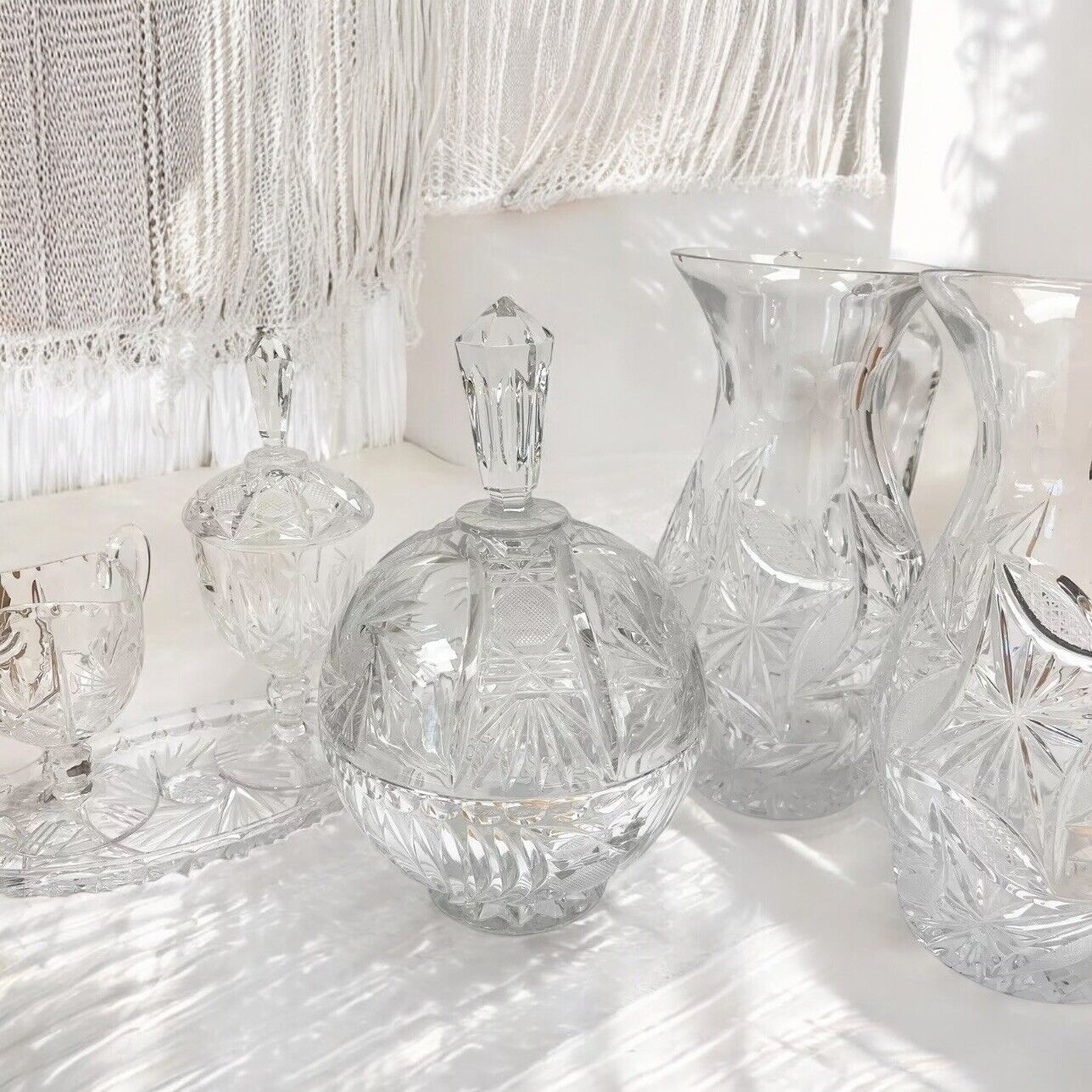 Vintage Cut Glass Pitchers Bowls Tray Candy Dish Antique Communion Set of 6