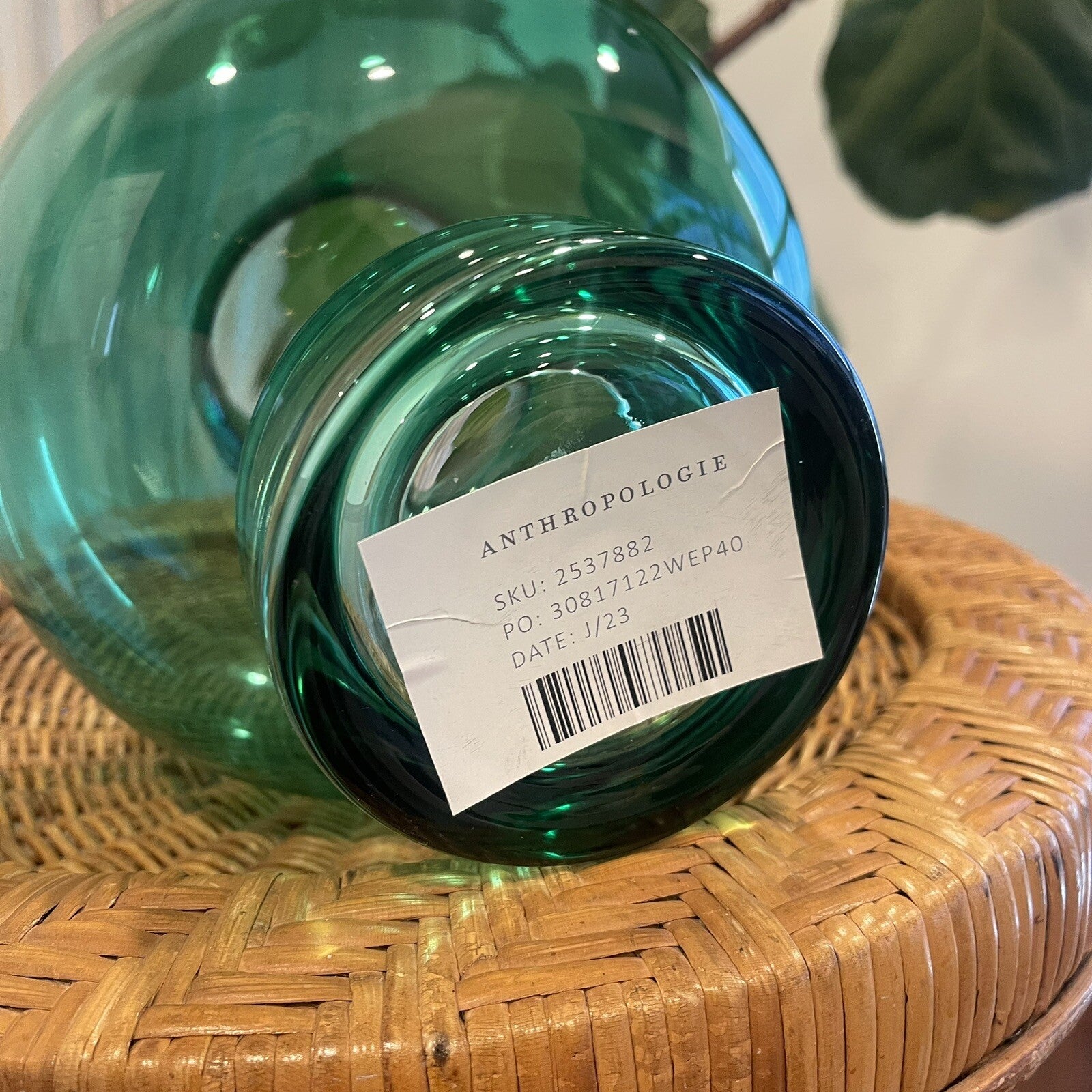 NEW Anthropologie Large Green Glass Asymmetrical Boho Art Deco Flower Vase - 8"