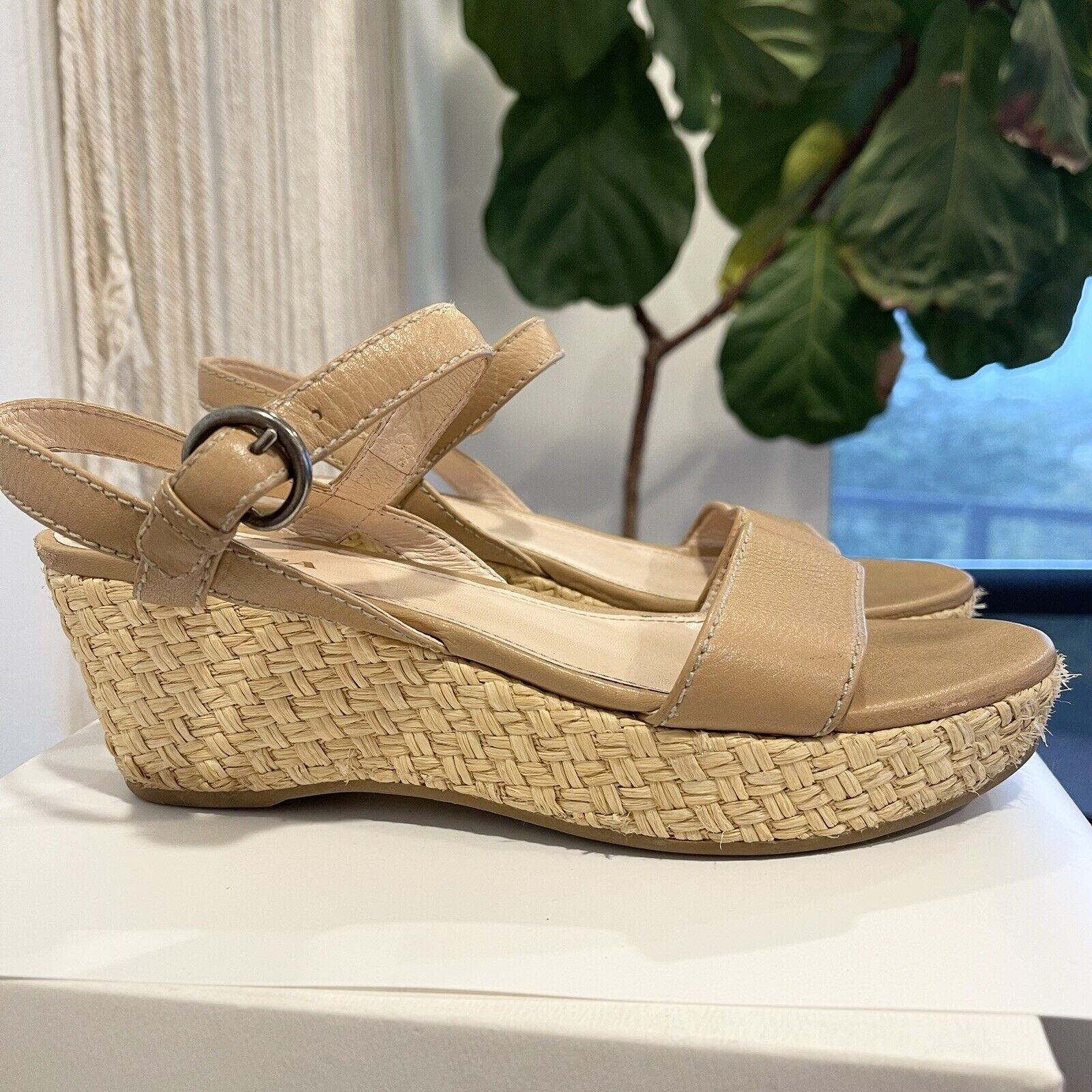 Prada Nude Leather Platform Espadrille Sandals Shoes Wedges | Size 39 / 8.5