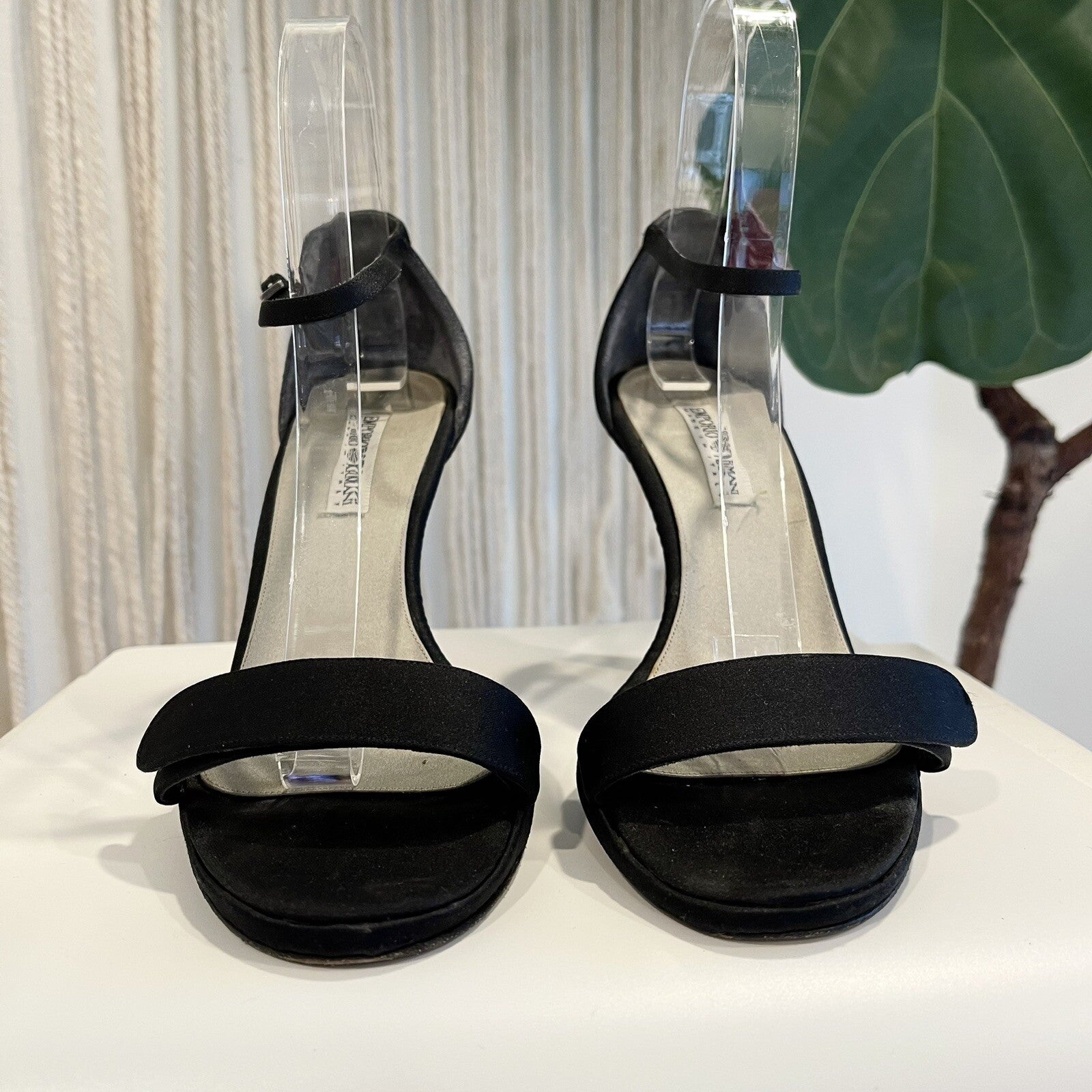 Emporio Armani Black Satin Strappy Stiletto Shoes High Heels | Size 39 / 8.5
