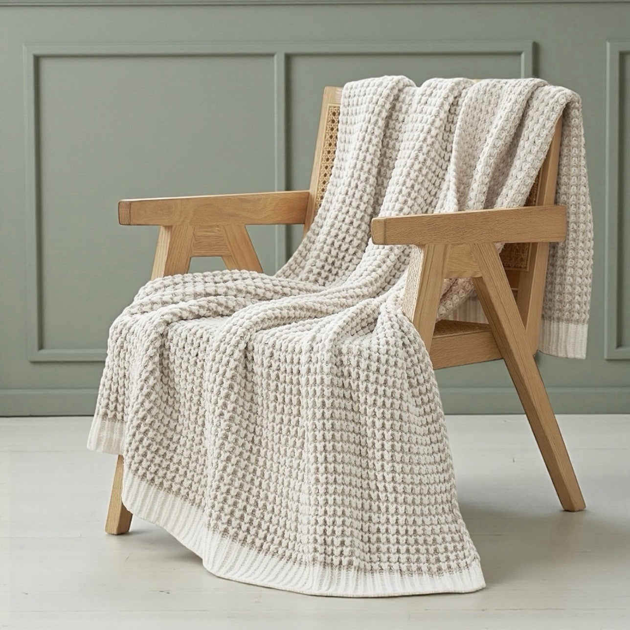 NEW West Elm Beige Woven Waffle Knit Cotton Boho Cozy Throw Blanket - 60" x 80"