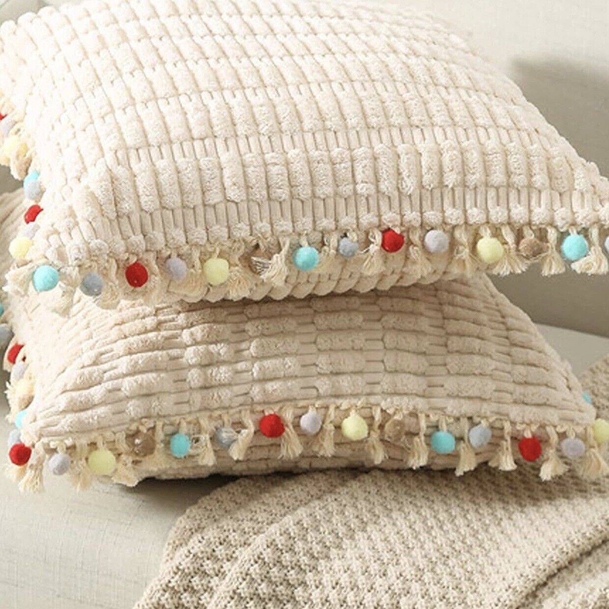 NEW Anthropologie (Set 2) Boho Tassel Pom Pom Throw Pillow Case Sham 12" x 20"