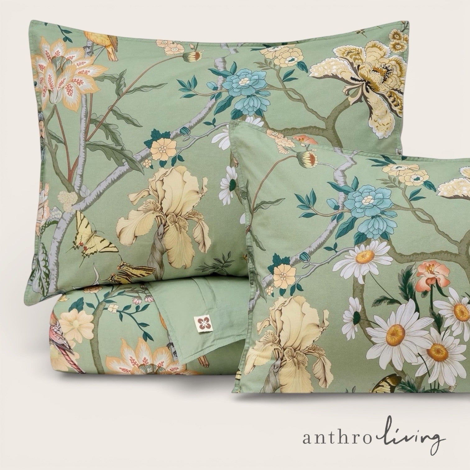 NEW Anthro Green Floral Bird Boho Cotton Queen King Size Bedding Duvet Sham Set