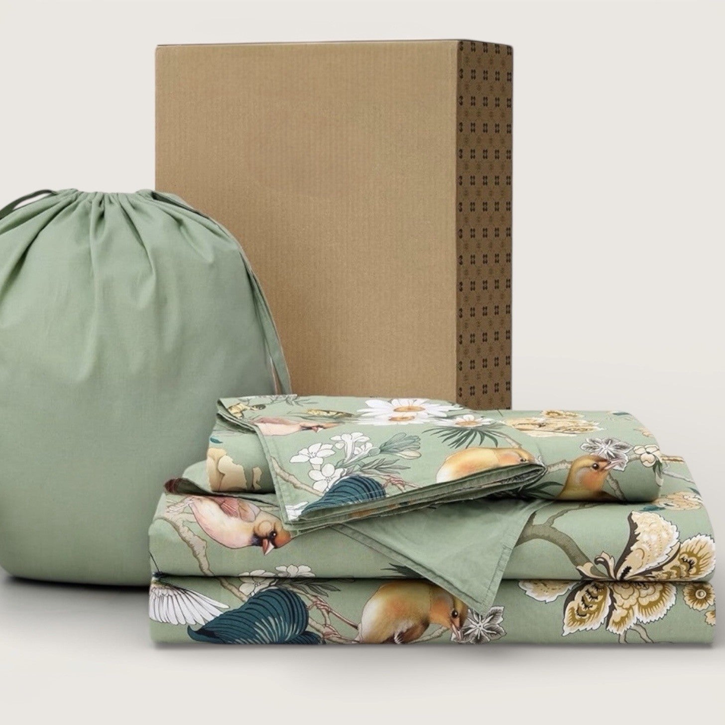 NEW Anthro Green Floral Bird Boho Cotton Queen King Size Bedding Duvet Sham Set