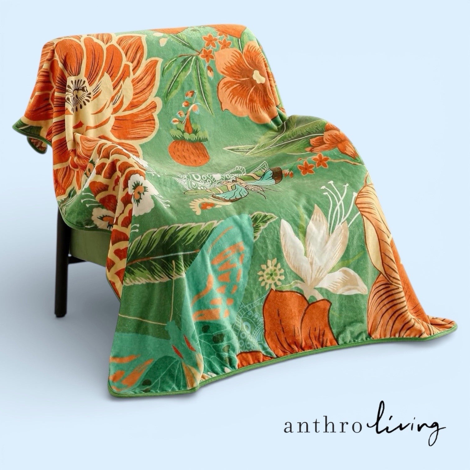 NEW Anthropologie XL Queen Size Boho Green Floral Fleece Blanket Bedspread 90x90