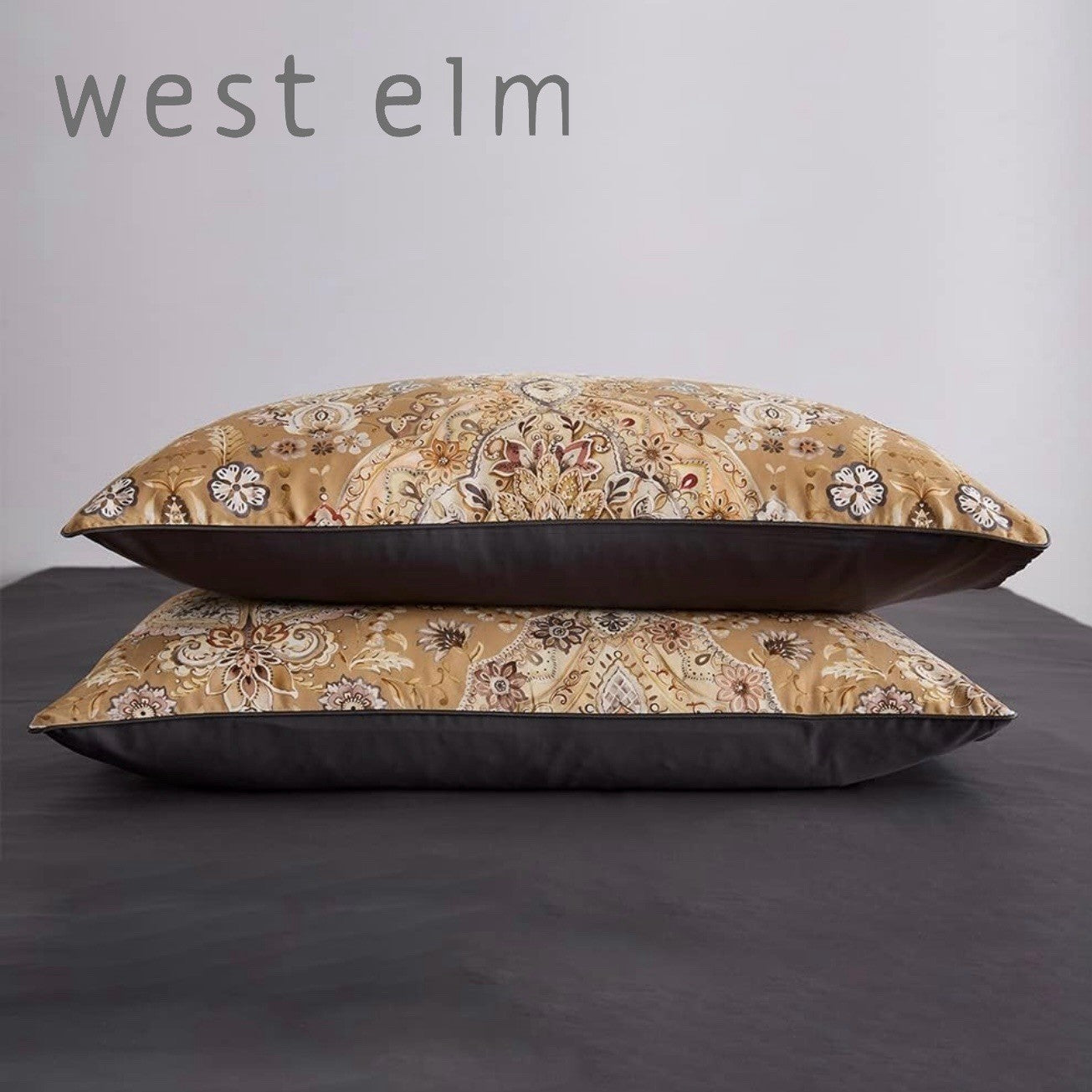 NEW West Elm Beige Floral Damask Paisley Queen / King Bedding Duvet & Sham Set