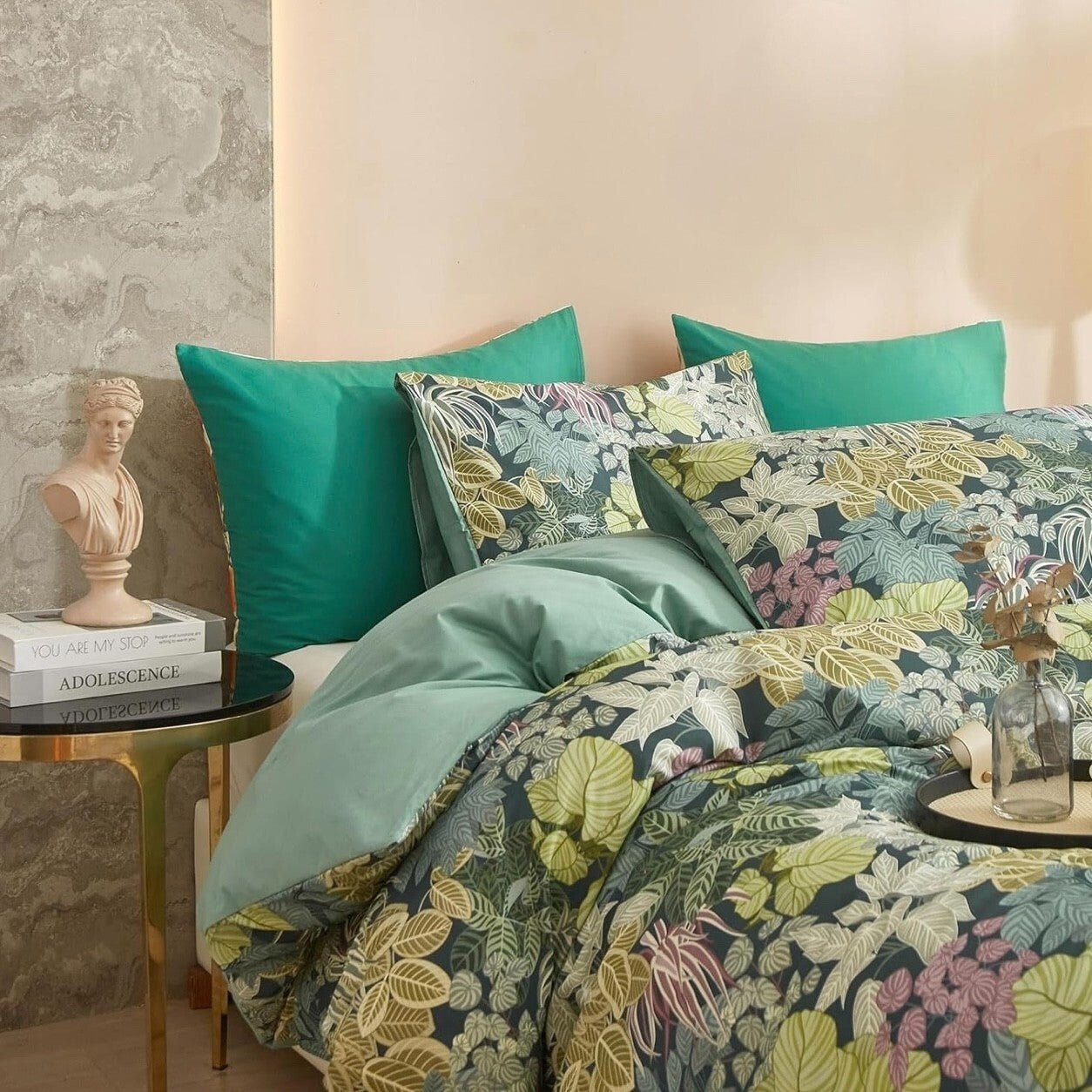 NEW Anthro Green Botanical Print Boho Queen King Size Bedding Duvet & Sham Set