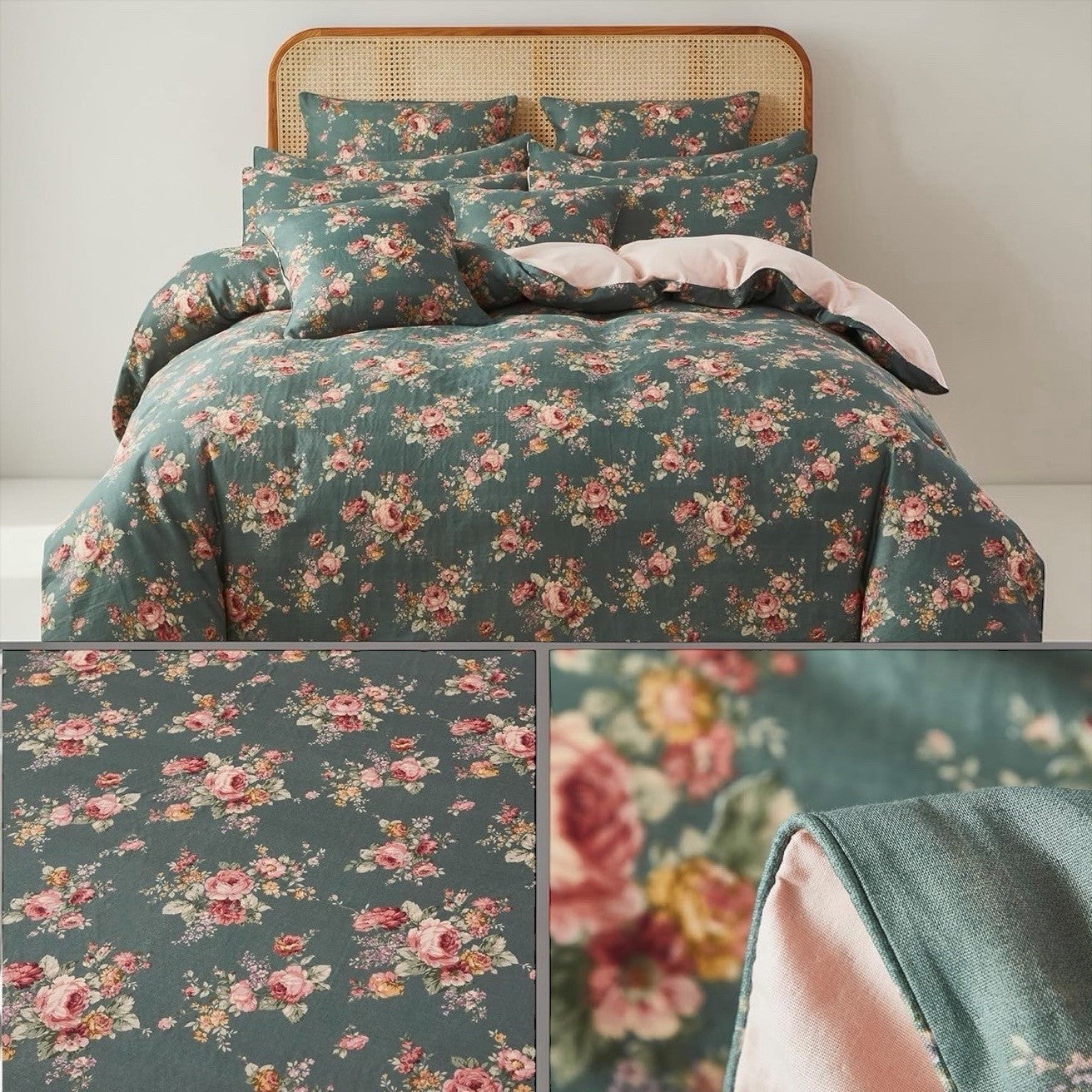 NEW Anthro Green & Pink Floral Muslin Cotton Boho Queen / King Bedding Duvet Set