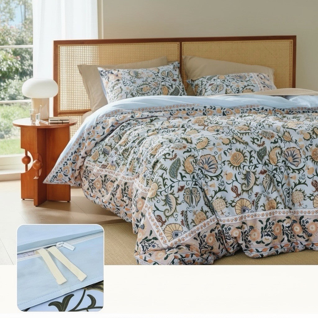 NEW Anthropologie Blue Floral Boho Cotton Queen / King Bedding Duvet & Sham Set