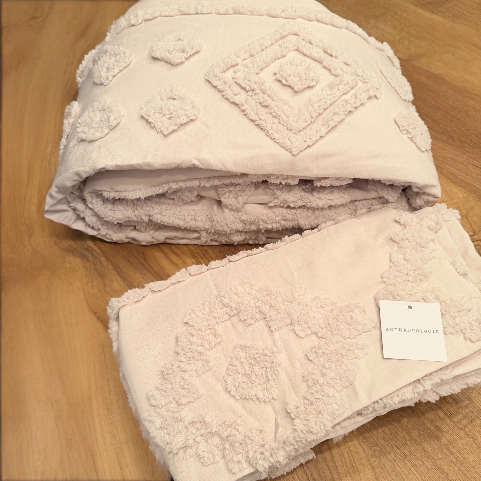 NEW Anthro Beige Cream Tufted Boho Queen / King Size Bedding Duvet & Sham Set
