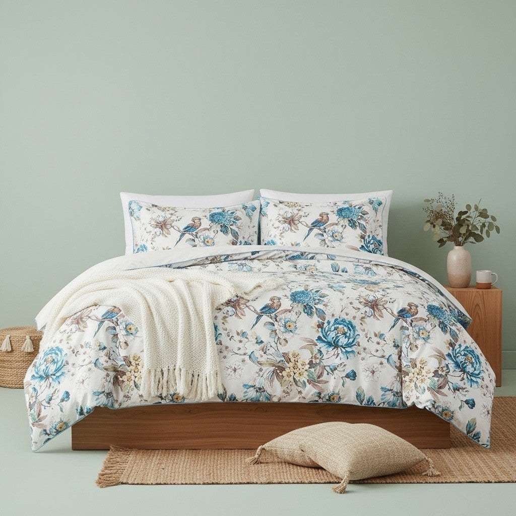 NEW Anthro White Blue Floral Bird Cotton Boho Queen King Bedding Duvet Sham Set