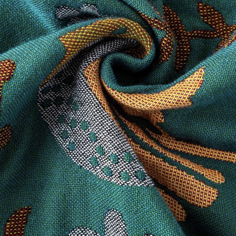 NEW XL Teal Reversible Boho Bird Tassel Throw Blanket Bedspread Quilt 80 x 60