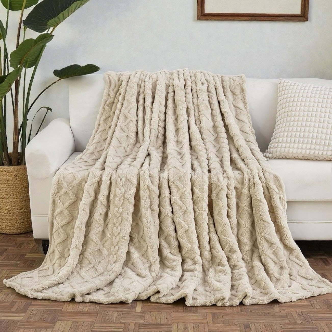 NEW West Elm Beige Woven Waffle Knit Cotton Boho Cozy Throw Blanket - 50" x 60"
