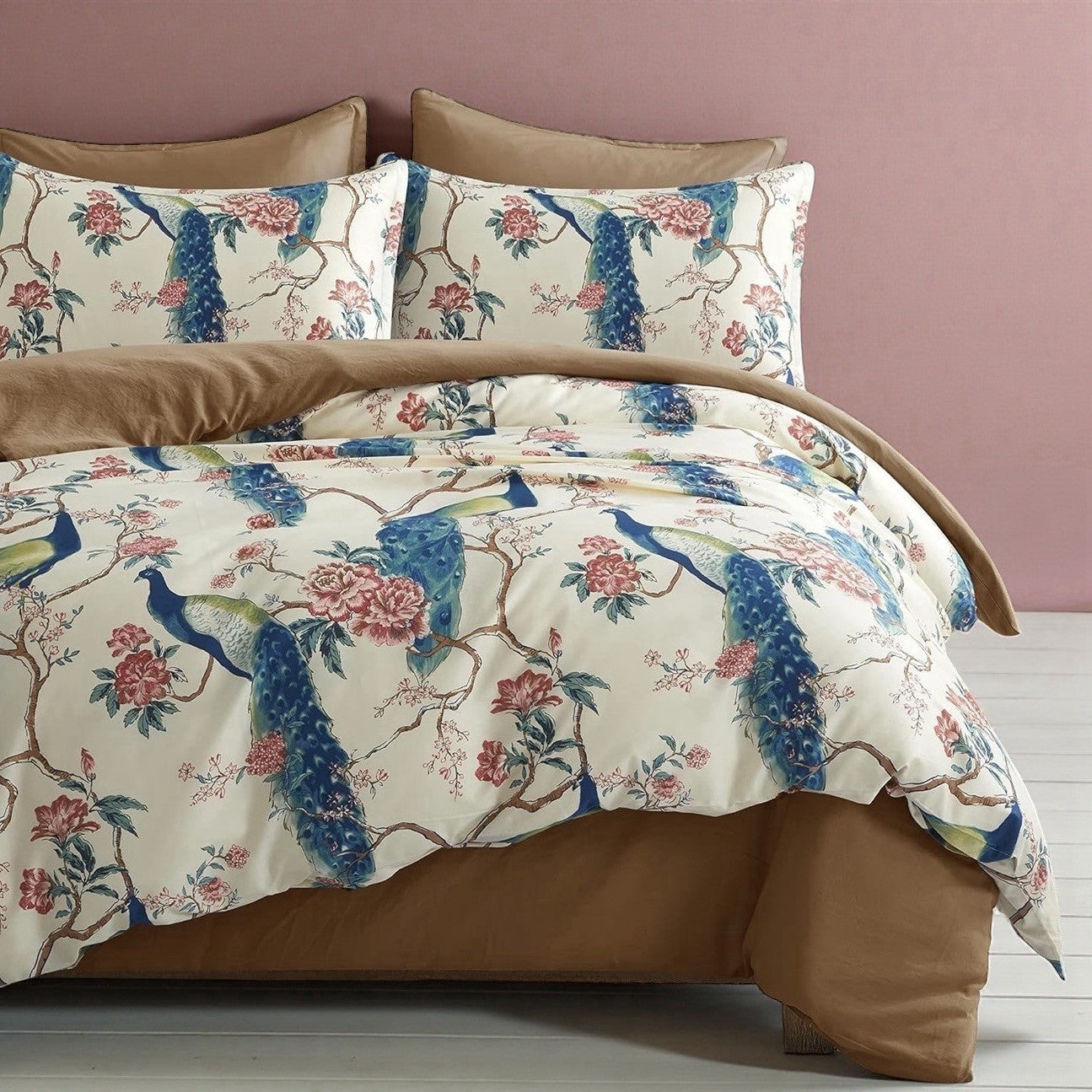 NEW Anthropologie Peacock Print Cotton Boho King Floral Bedding Duvet & Sham Set