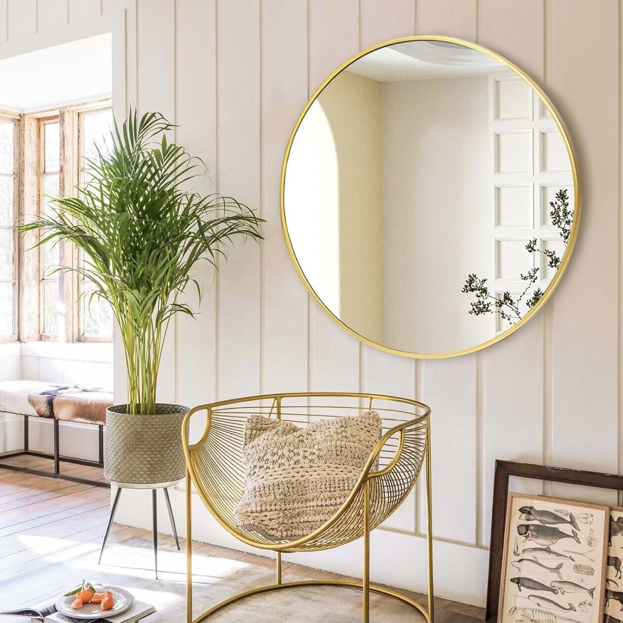 NEW West Elm Gold Circle Round Metal Framed Boho Wall Entry Mirror - 24" x 24"