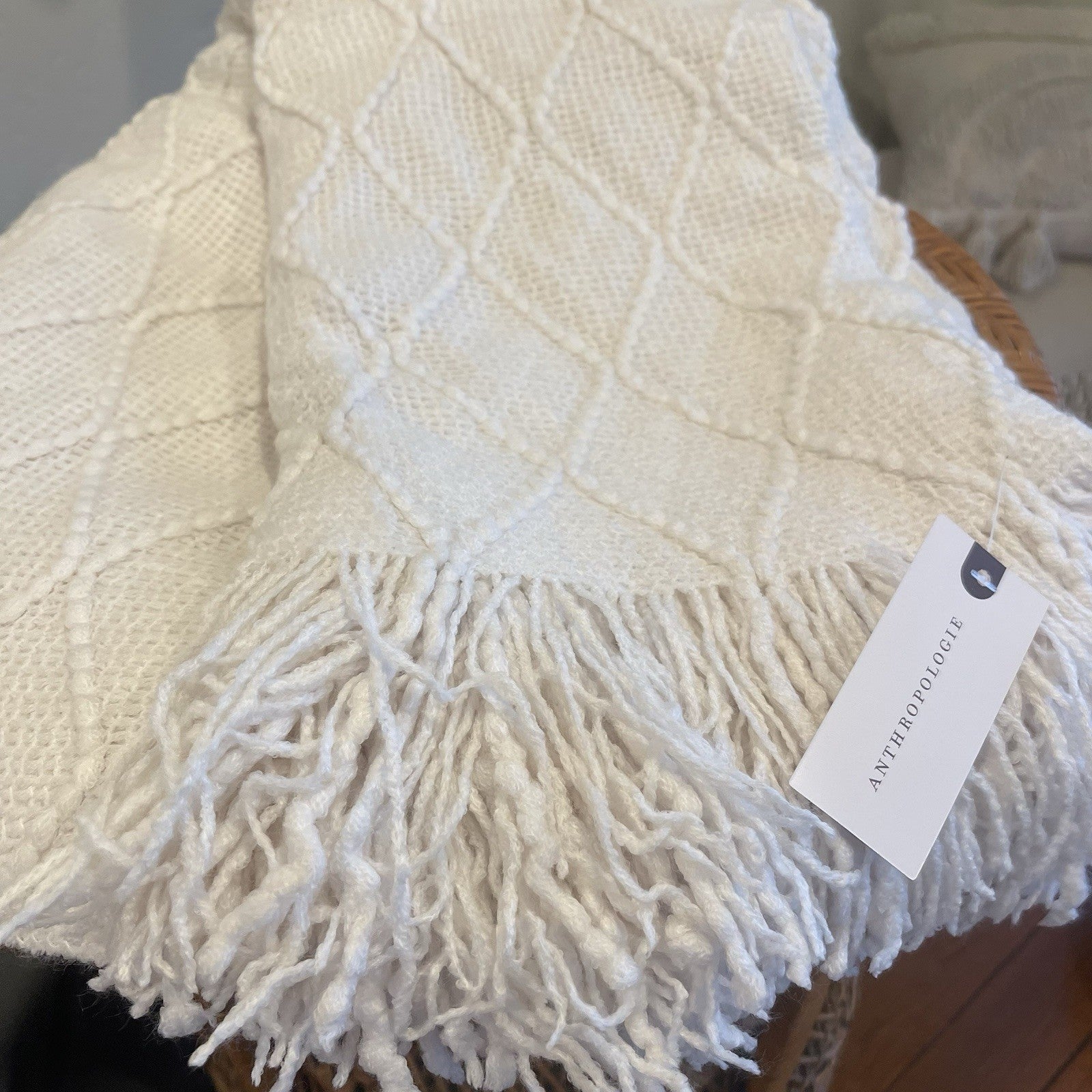 New Anthro White Boho Tassel Fringe Pom Pom Knit Throw Blanket 60" x 80"