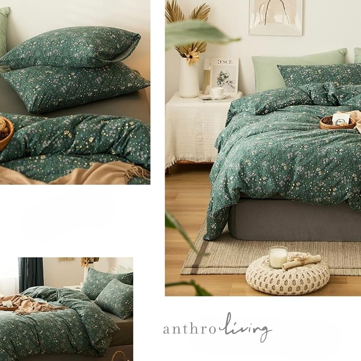 NEW Anthro Green Vintage Style Cotton Queen King Cotton Bedding Duvet & Sham Set