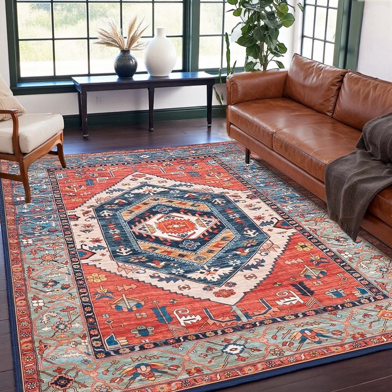 NEW Anthro Red Moroccan Aztec Boho Washable Multicolor Area Rug Carpet - 5' x 7'