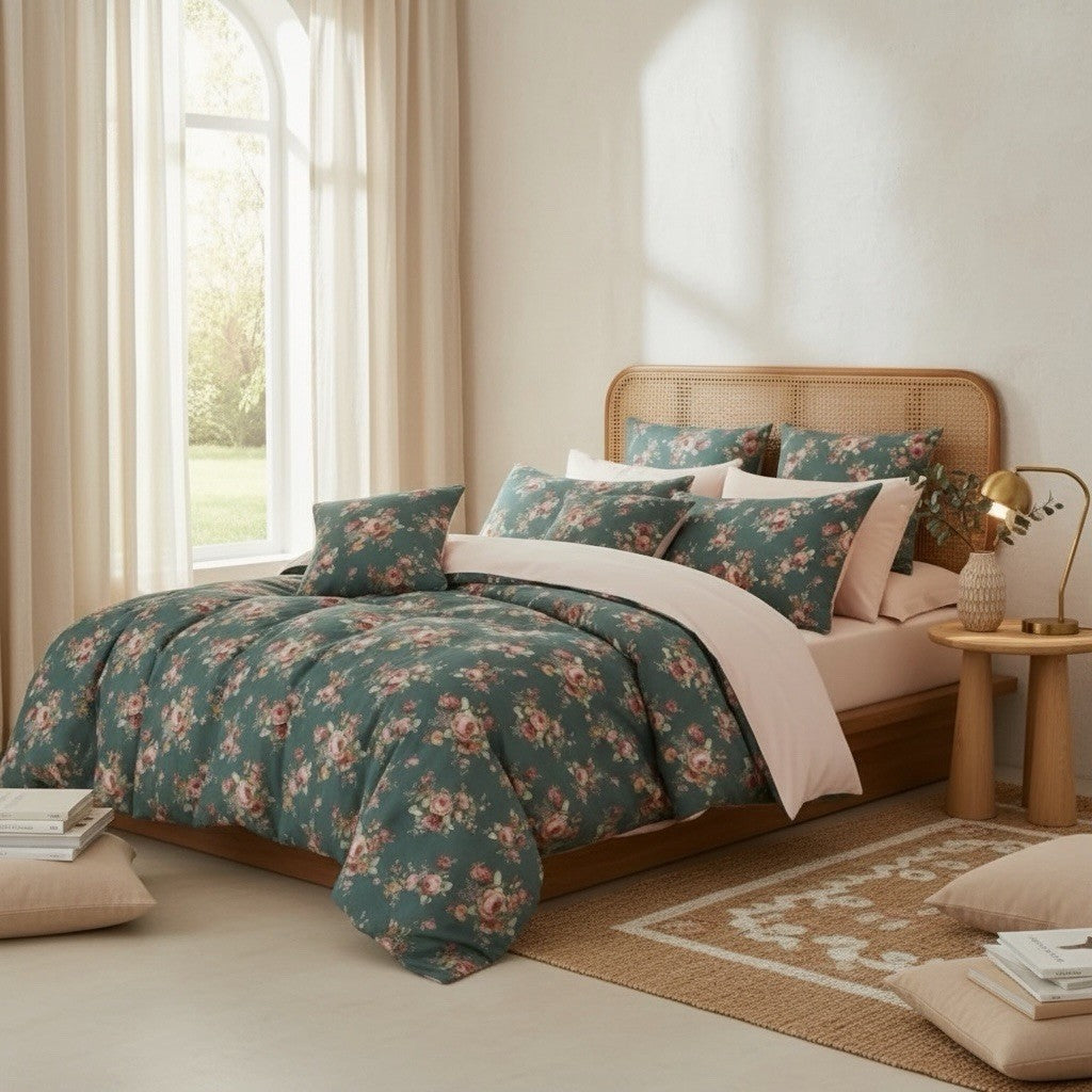 NEW Anthro Green & Pink Floral Muslin Cotton Boho Queen / King Bedding Duvet Set