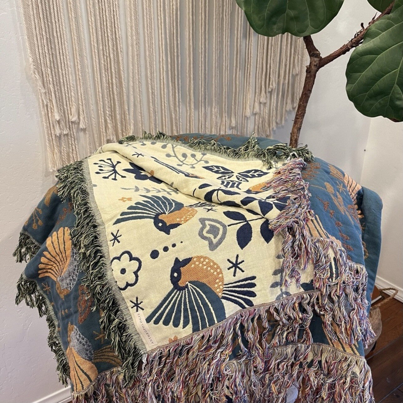 NEW XL Teal Reversible Boho Bird Tassel Throw Blanket Bedspread Quilt 80 x 60