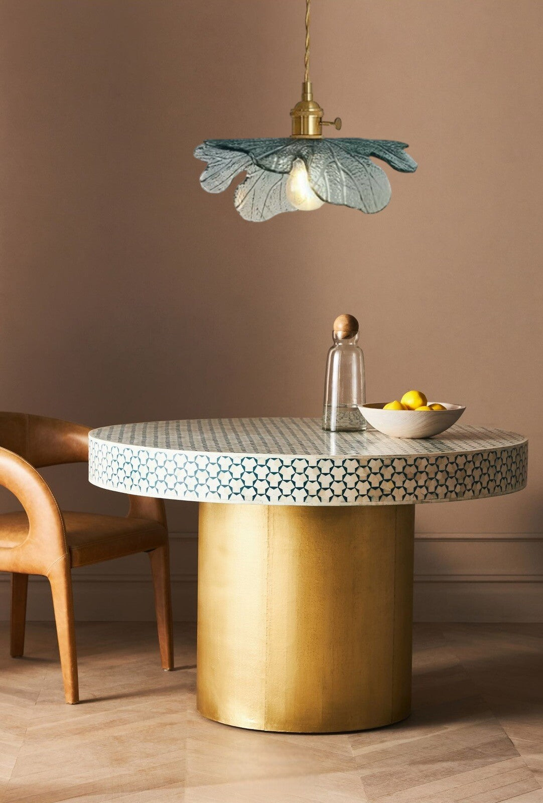 NEW Anthro Vintage Blue Glass Hanging Retro Gold Floral Pendant Light Fixture