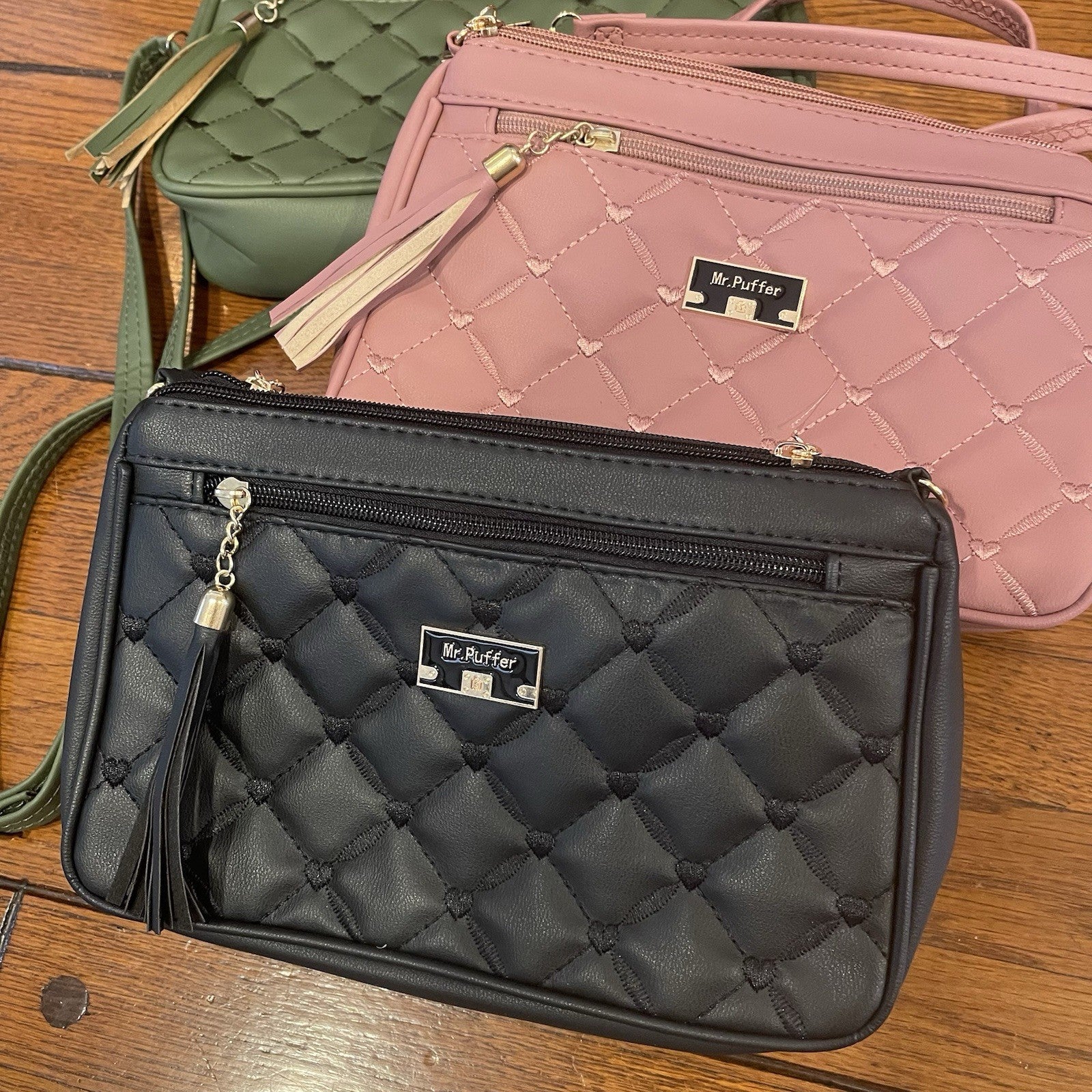NEW Set of 3 Quilted Pink Green Black & Gold Crossbody Bag Purse Bundle Lot